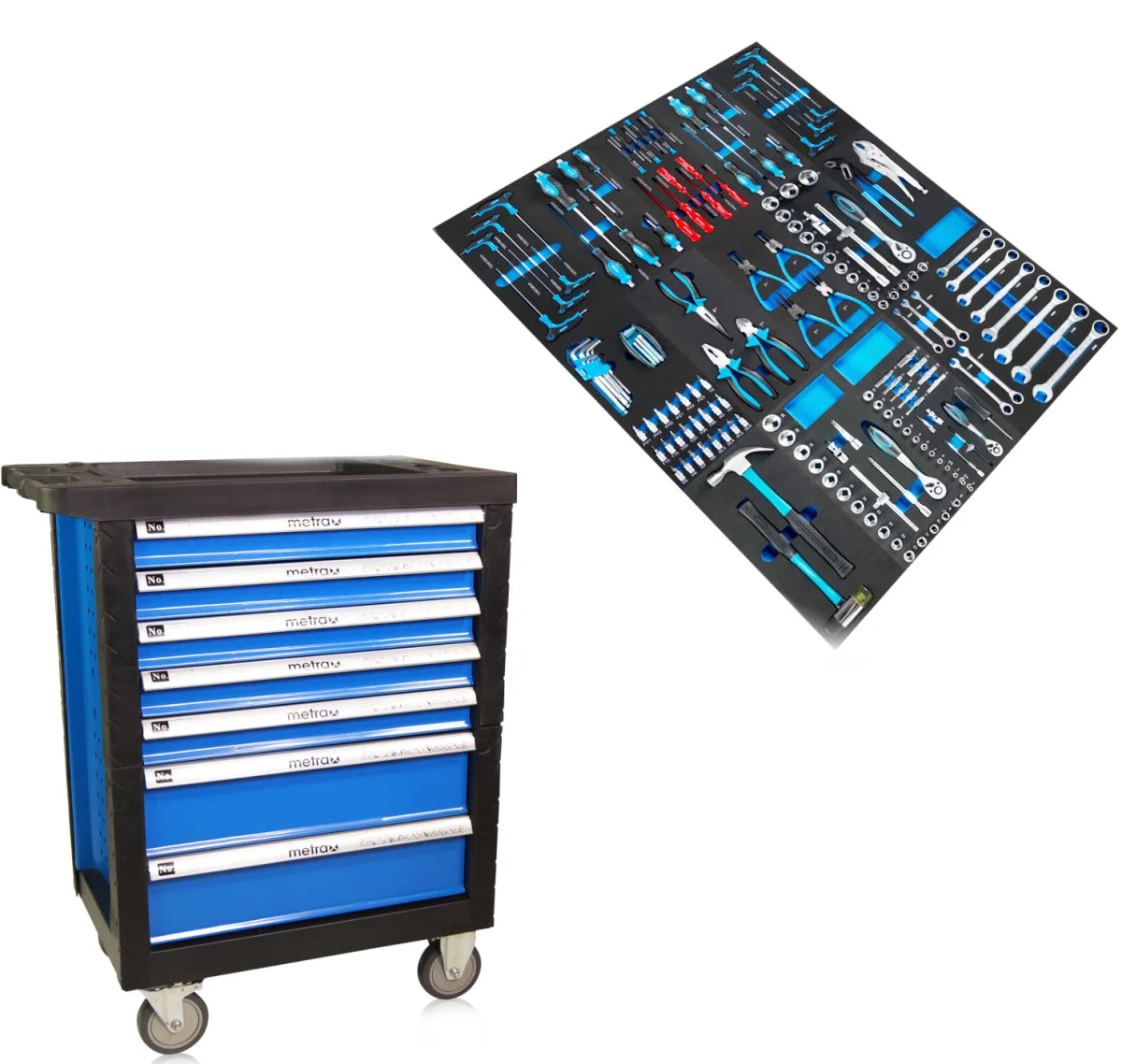 Carrello da officina, pieno di 14 set di utensili, colore blu
