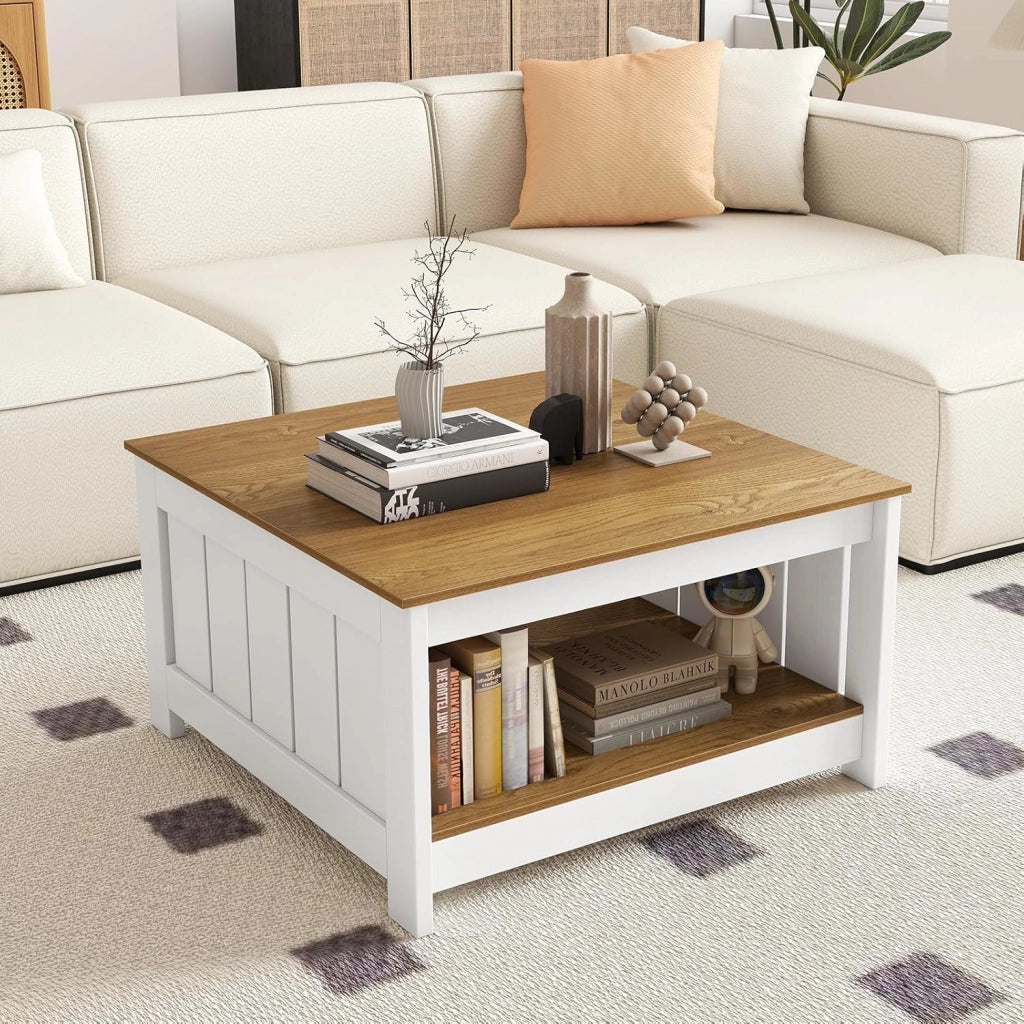 Tavolino Basso a 2 Livelli, Tavolino Quadrato con Ripiano Inferiore Aperto, Piano Superficie Antiscivolo, Portata Massima 80 kg, per Soggiorno e Ufficio, 80 x 80 x 45 cm