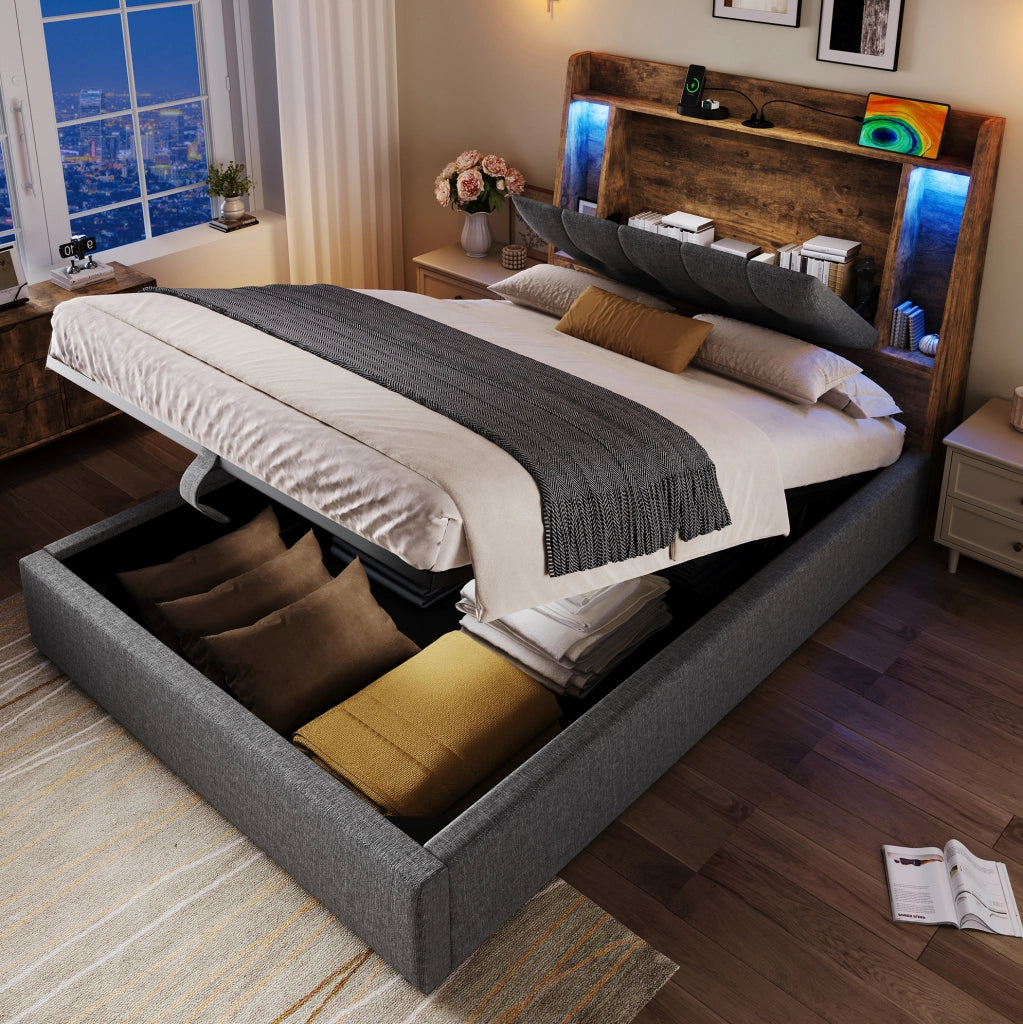 Letto imbottito 90x200 cm grigio con LED, USB-C e vano contenitore