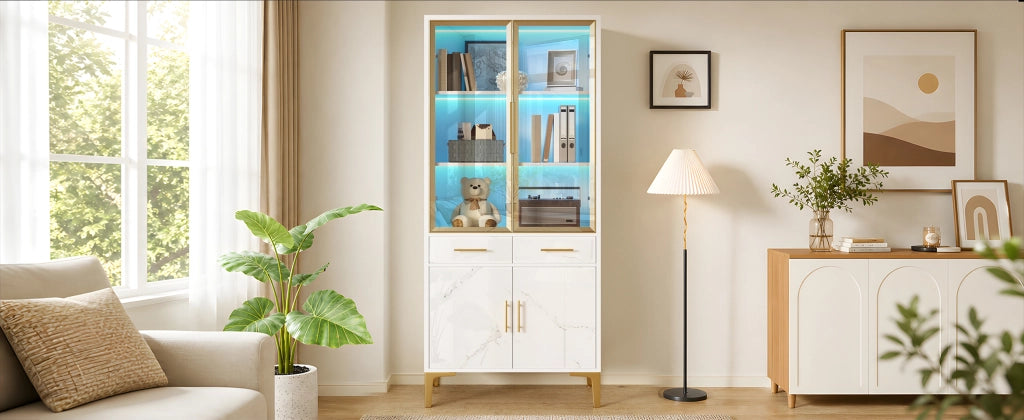 Vetrina con 2 ante in vetro, LED APP, 2 cassetti e ripiani, per soggiorno e sala da pranzo, bianco, 75 × 38 × 170 cm