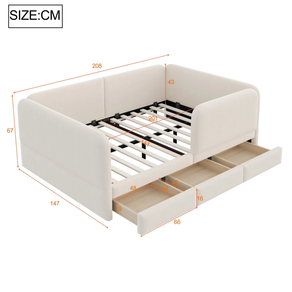 Letto per bambini imbottito 140x200 cm in velluto con sponde di sicurezza, cassetti contenitore, beige