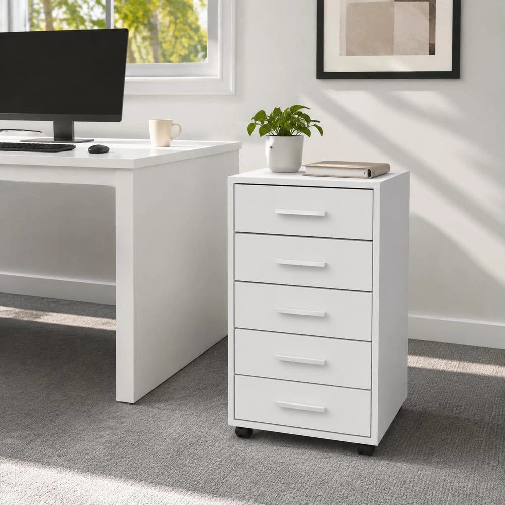 Office Drawer Cabinet On Casters, 5 Drawers, White