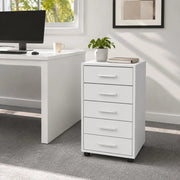 Office Drawer Cabinet On Casters, 5 Drawers, White