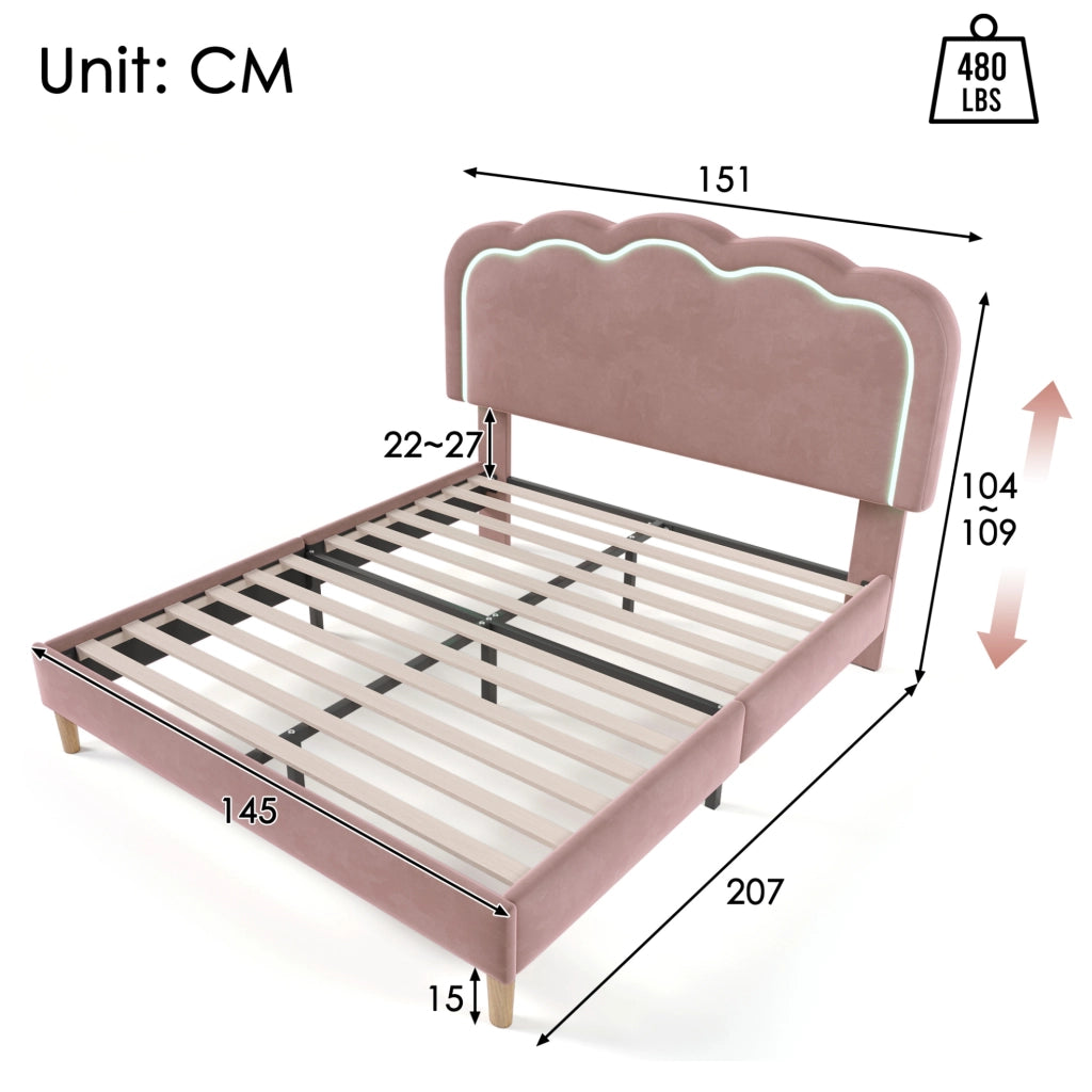 Letto matrimoniale 140x200 cm con testiera LED regolabile in velluto rosa