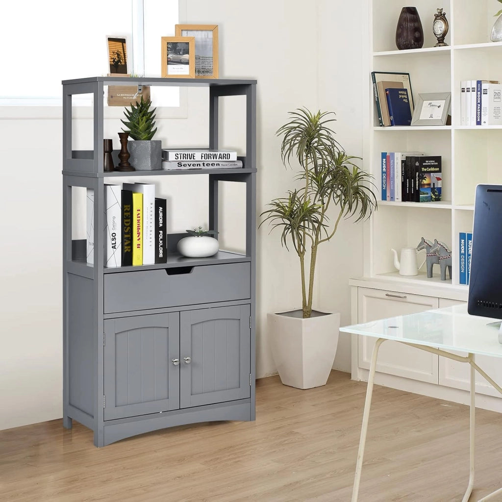 Armadietto del bagno con cassetto e mensola, armadio con 2 mensole aperte e 2 ante, armadietto per cucina, ingresso, salone e camera da letto, armadietto in legno (Grigio)