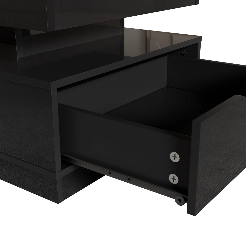 Tavolino basso sollevabile con cassetti vani aperti presa integrata e LED finitura lucida in MDF nero 90 × 48 × 42,5 cm