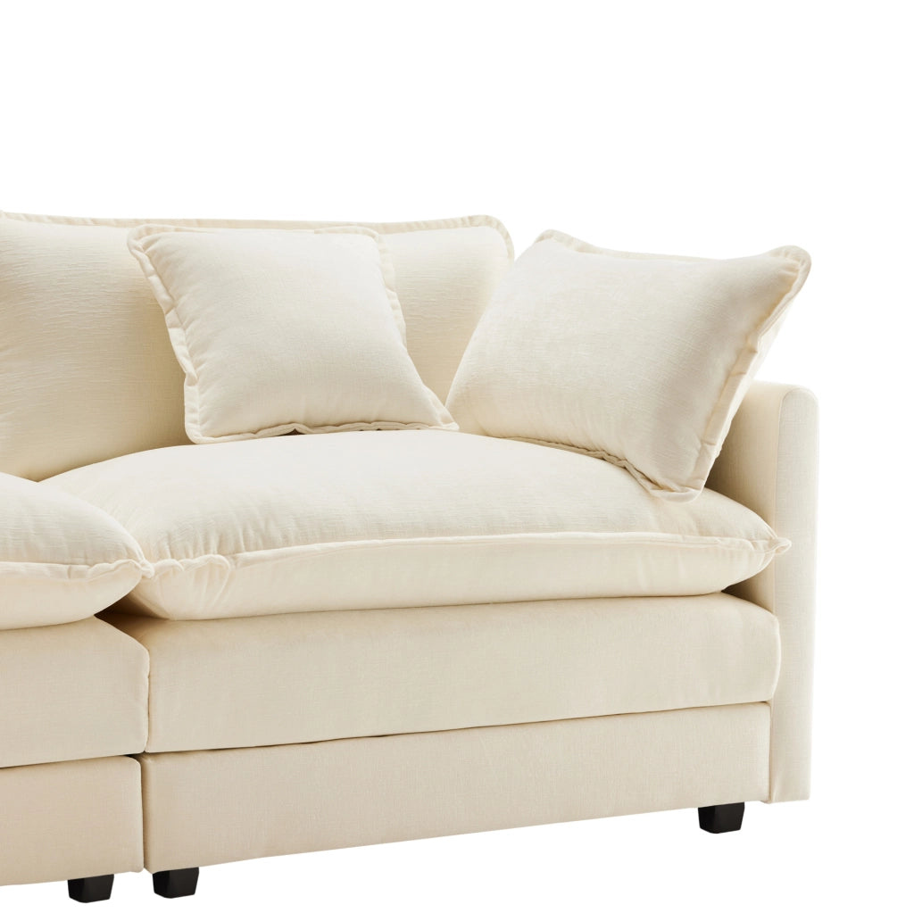 Divano a 3 posti con chaise longue a L e pouf mobile; in ciniglia beige; 283x147x84 cm