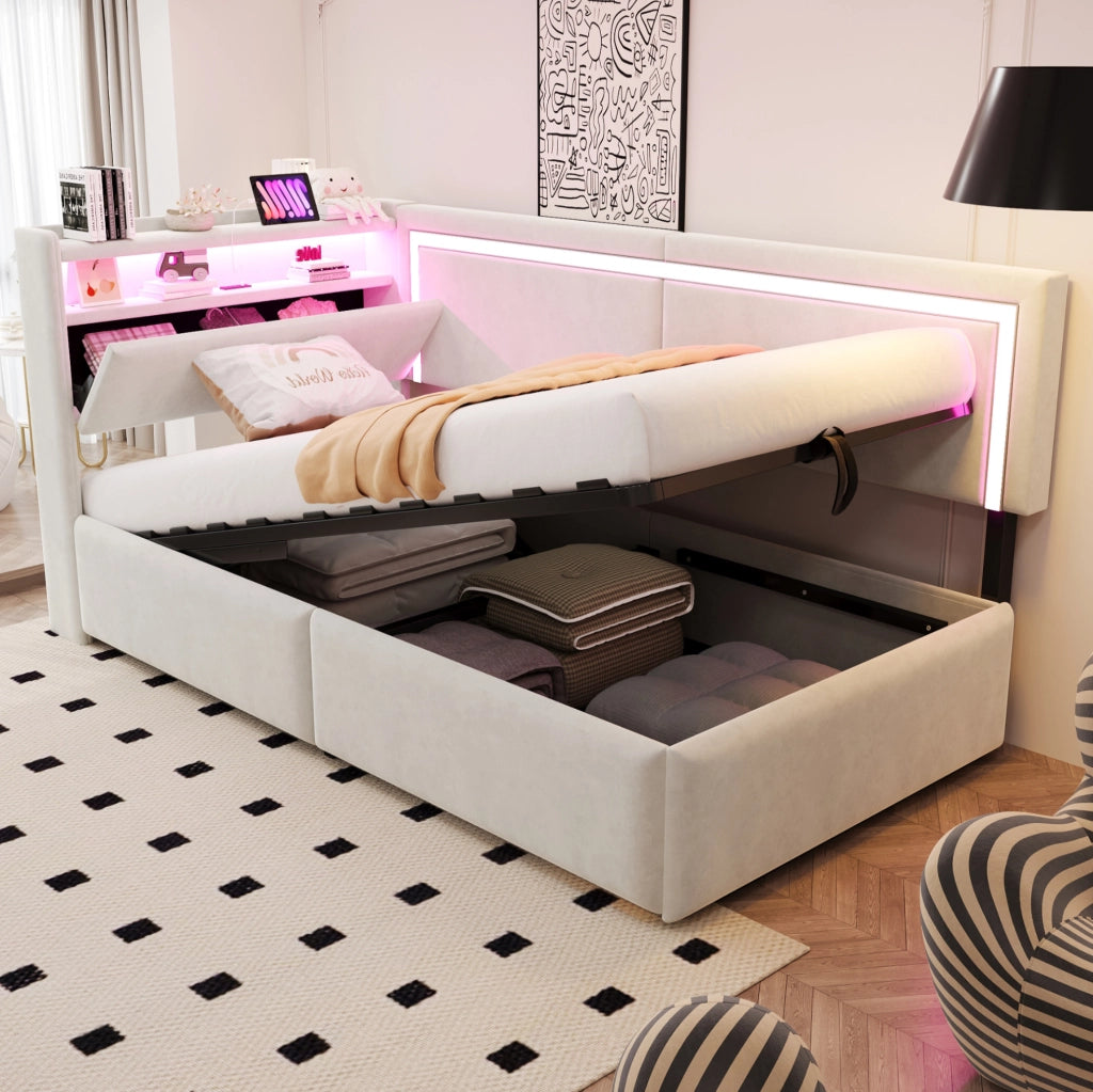 Poltrona letto multifunzione 90x200 cm in velluto beige con LED; USB e contenitore