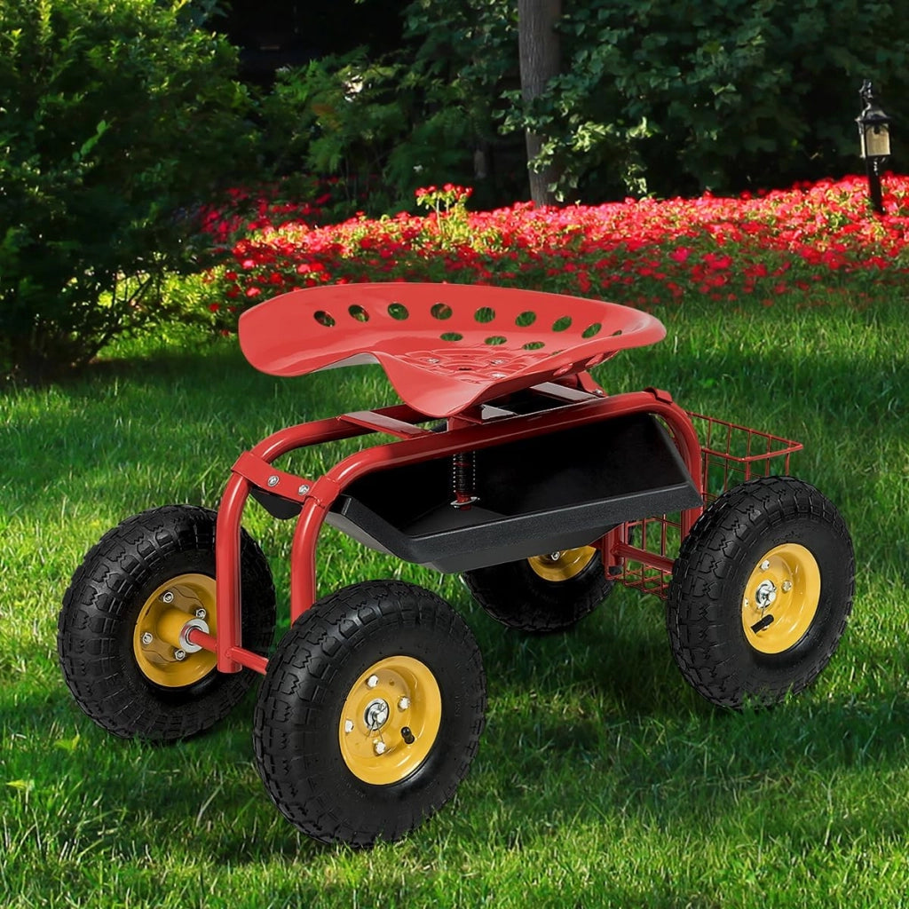 Sedia a rotelle per giardinaggio, girevole a 360° e regolabile in altezza da 46 a 53 cm, con cestino e ripiano, portata 150 kg, per giardinaggio e cura dell'auto (rosso)