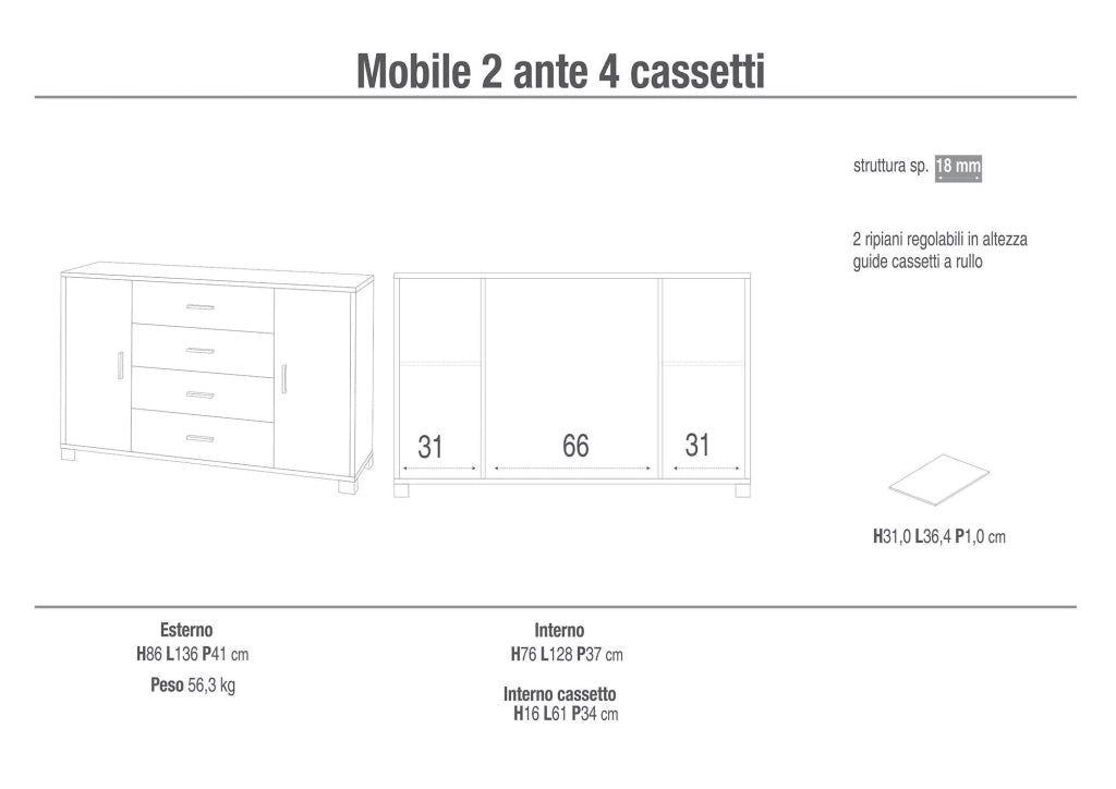 Mobile 2 Ante 4 Cassetti 136x86x41 cm Olmo Chiaro/Bianco Fiammato