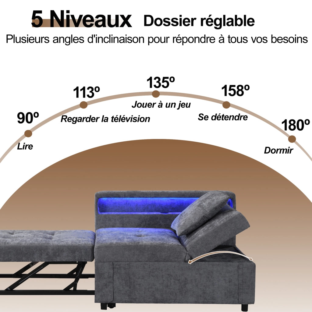OKWISH Divano Letto 3 in 1, Schienale Regolabile in 5 Posizioni con LED, Porte USB-C e Cuscino, Tessuto di Lino, Grigio Chiaro