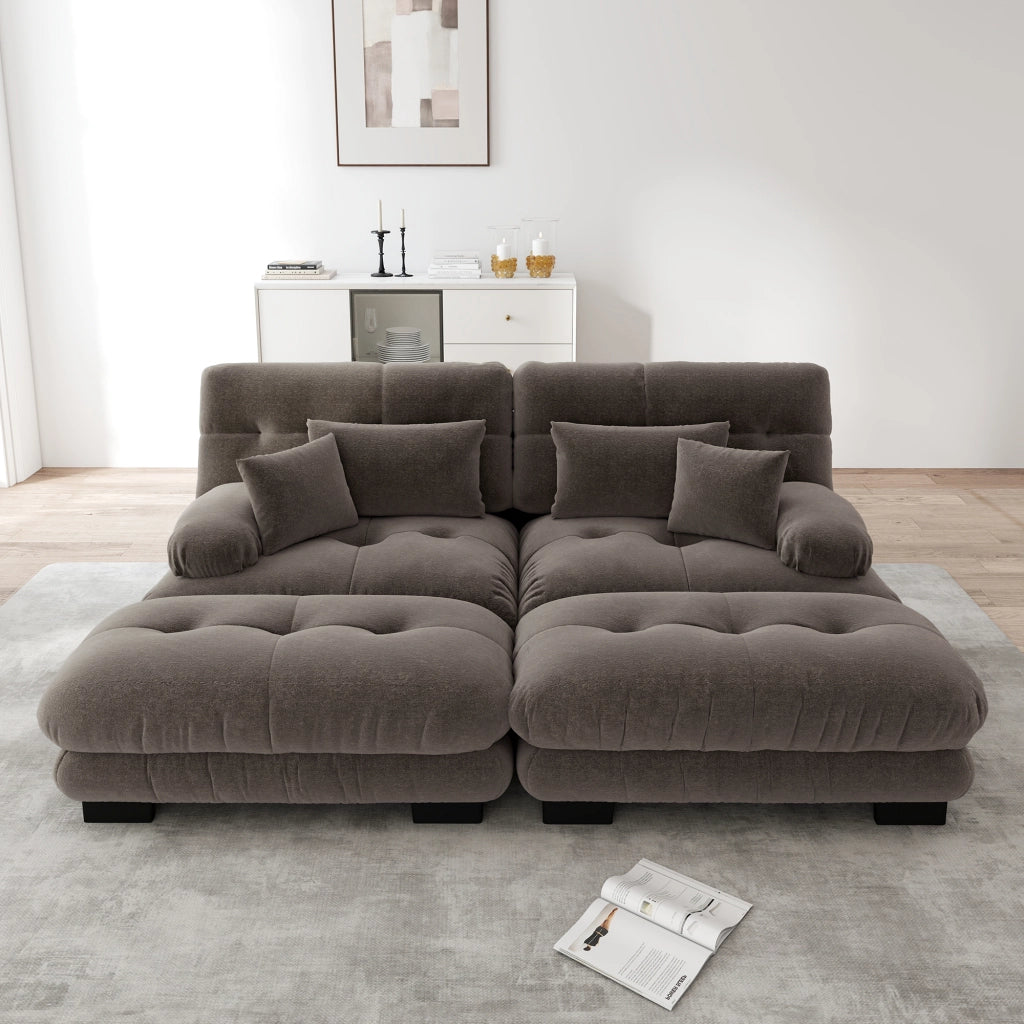 Divano angolare modulare in chenille con braccioli imbottiti e pouf, marrone 220 × 145 × 81 cm