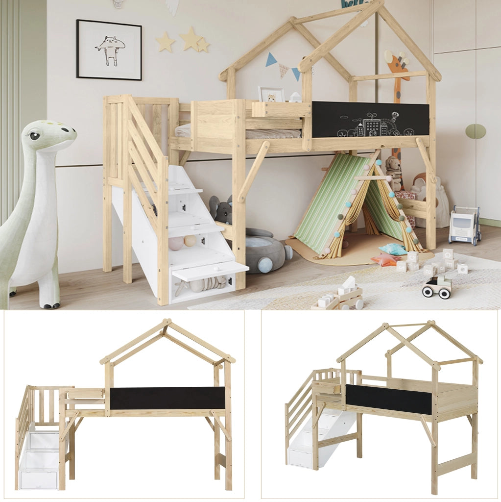 Letto a castello 90x200 cm con scala contenitore e lavagna