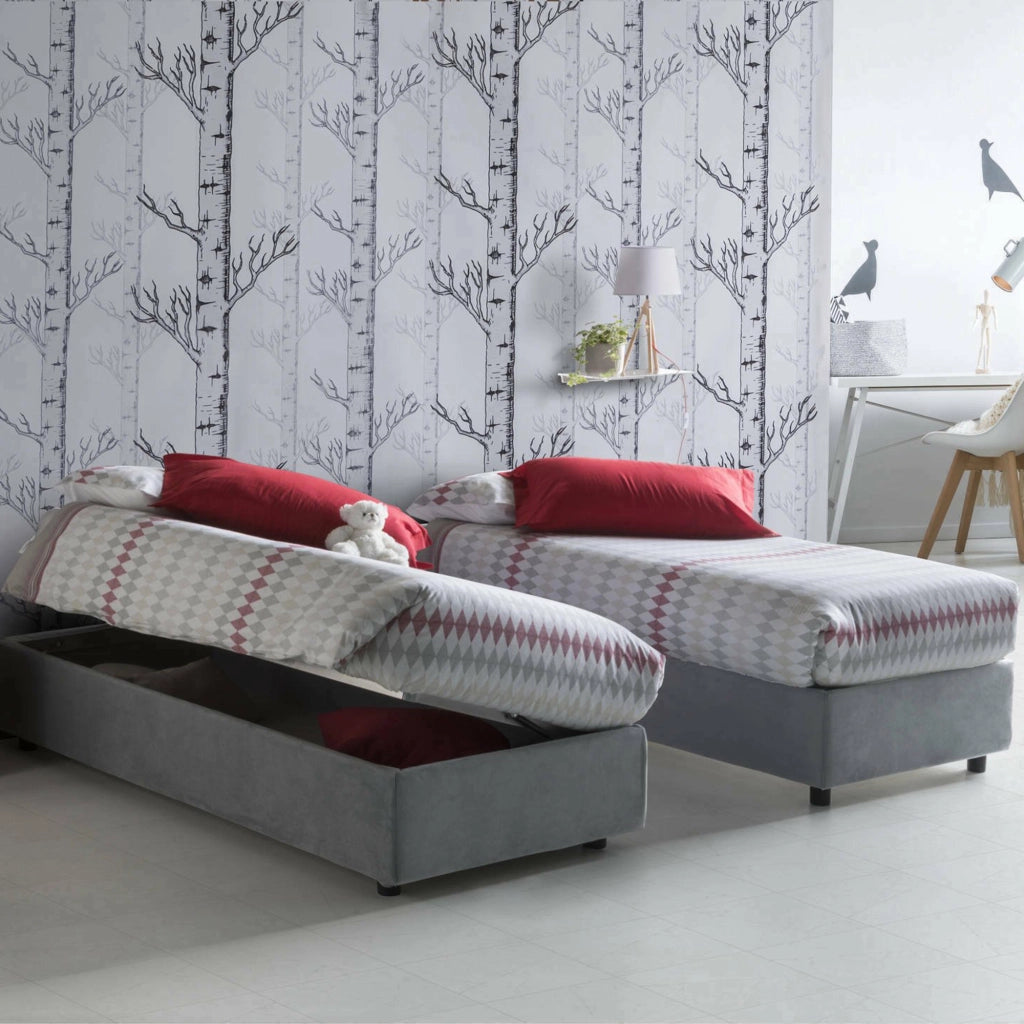 Letto singolo Adoxa, Letto contenitore con rivestimento in tessuto, Made in Italy, Apertura laterale, adatto per materasso cm 80x190, Grigio
