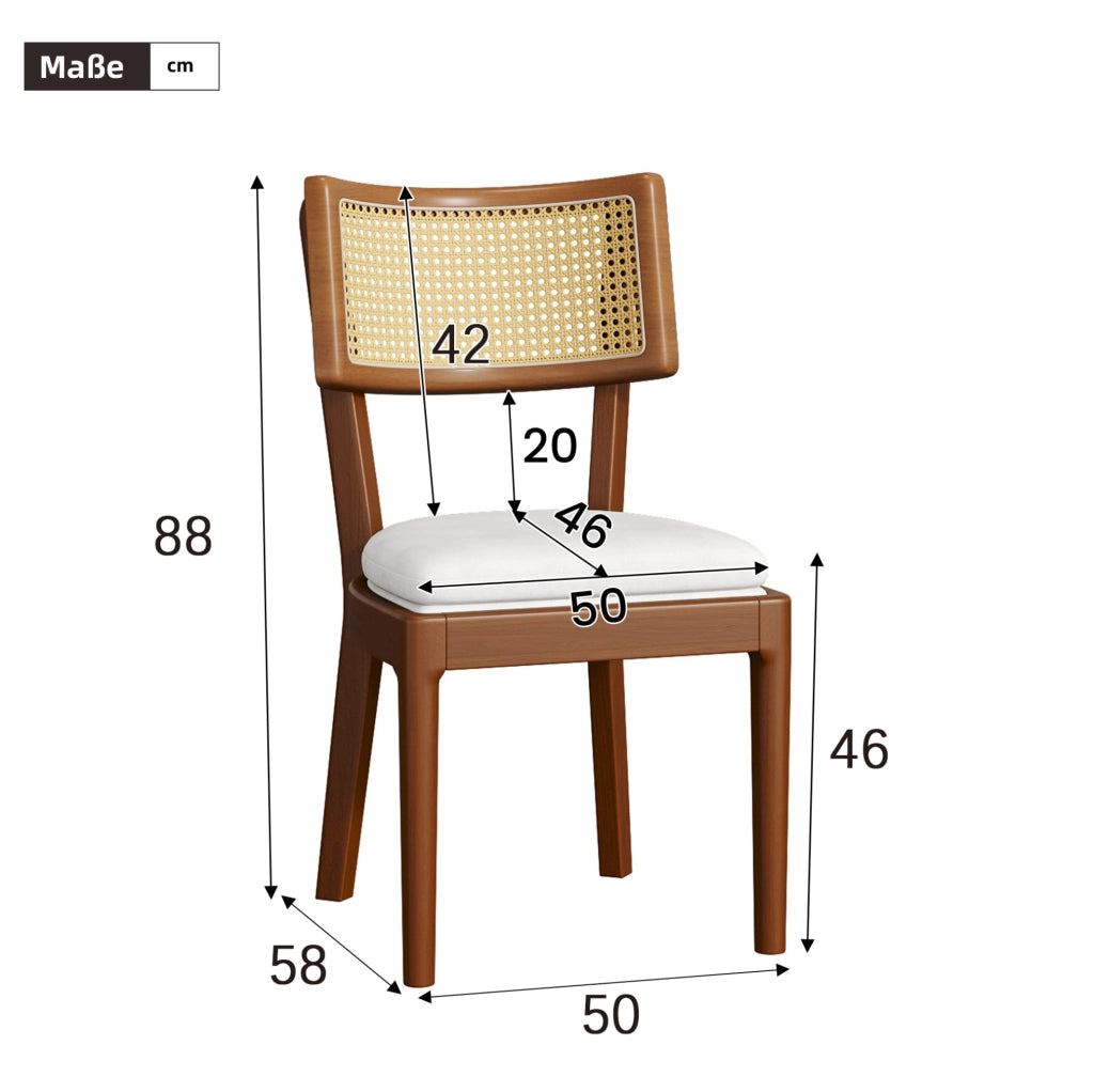 Set di 4 sedie da pranzo con schienale in rattan; cuscino in lino; legno; noce