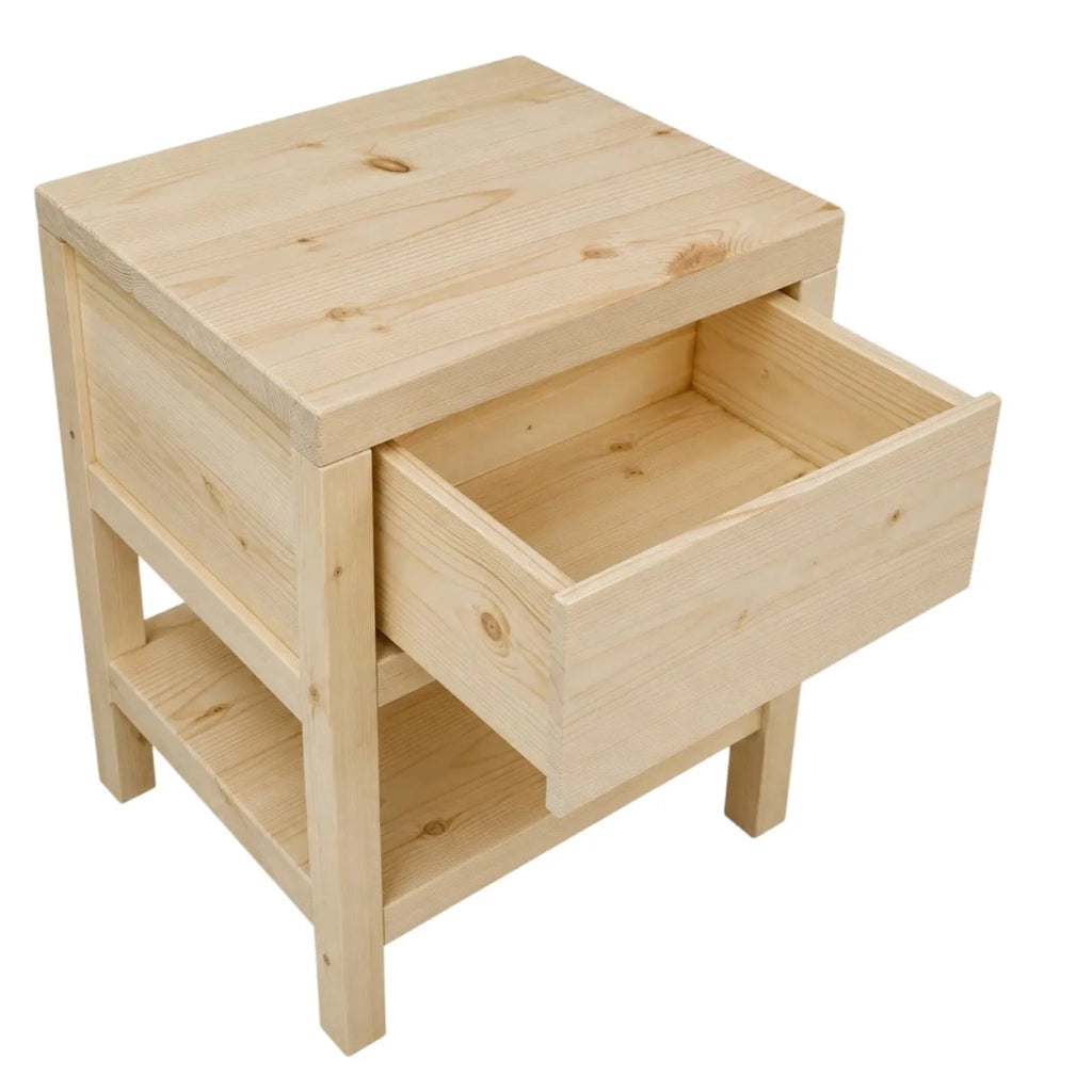 Comodino 1 cassetto 1 ripiano legno massello abete grezzo 45x38x60 (3304) - Mobili 2G