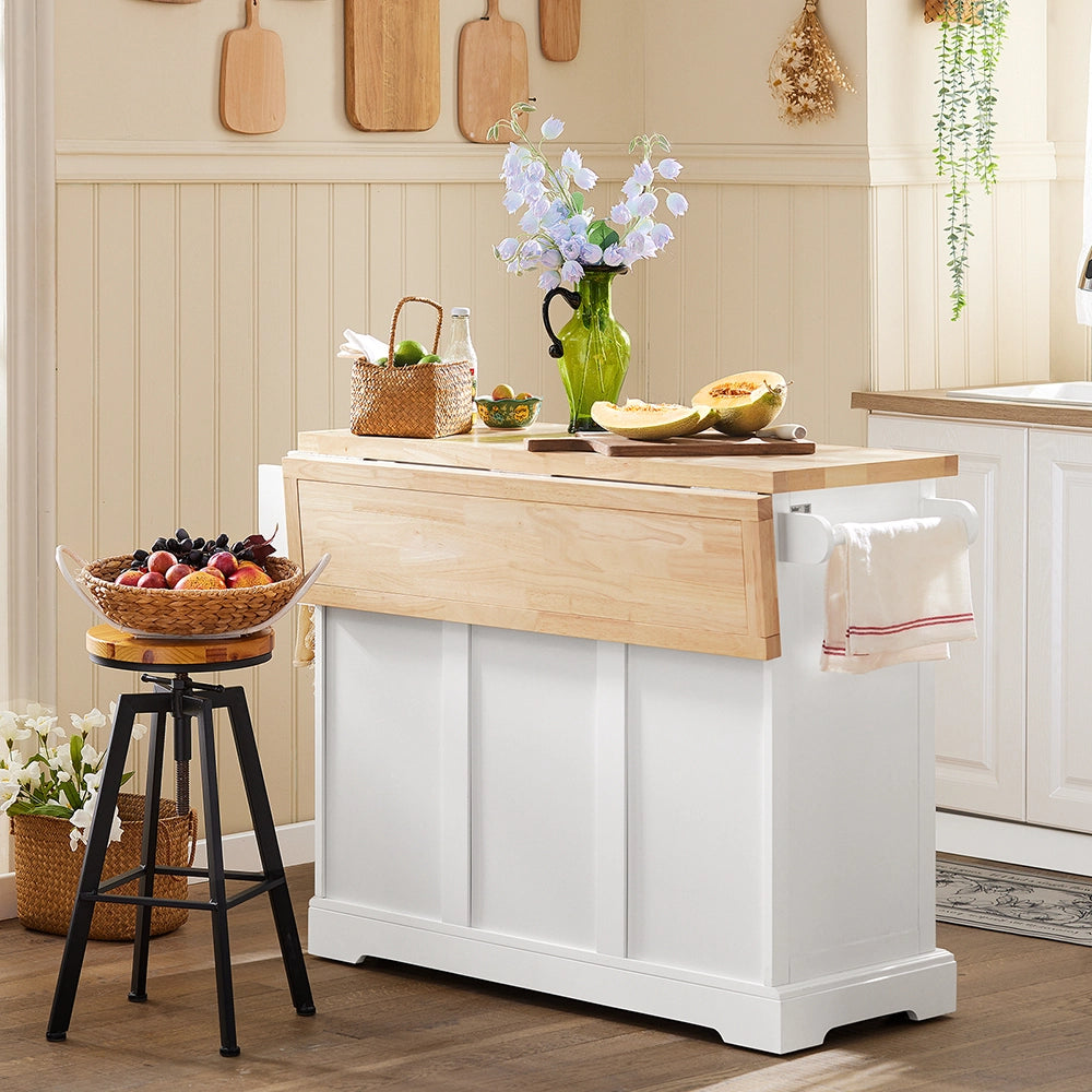 SoBuy | Isola cucina bianca con 4 ruote | Carrello cucina con 2 porte | Cucina a penisola con 3 cassetti | 128.0x71.0x90.5 cm | Capacità di carico 94 kg | FKW41-II-WN