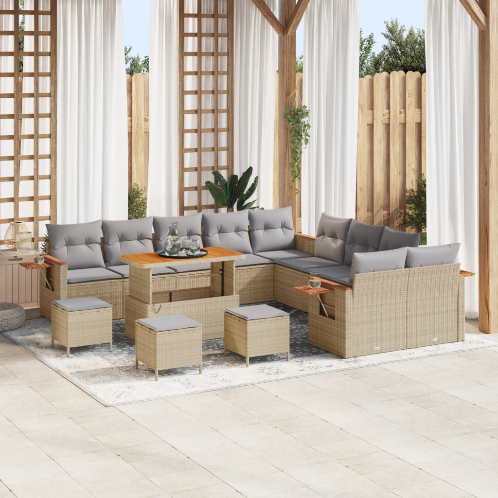 Set Divano da Giardino 14 Pezzi con Cuscini Beige Polyrattan Acacia