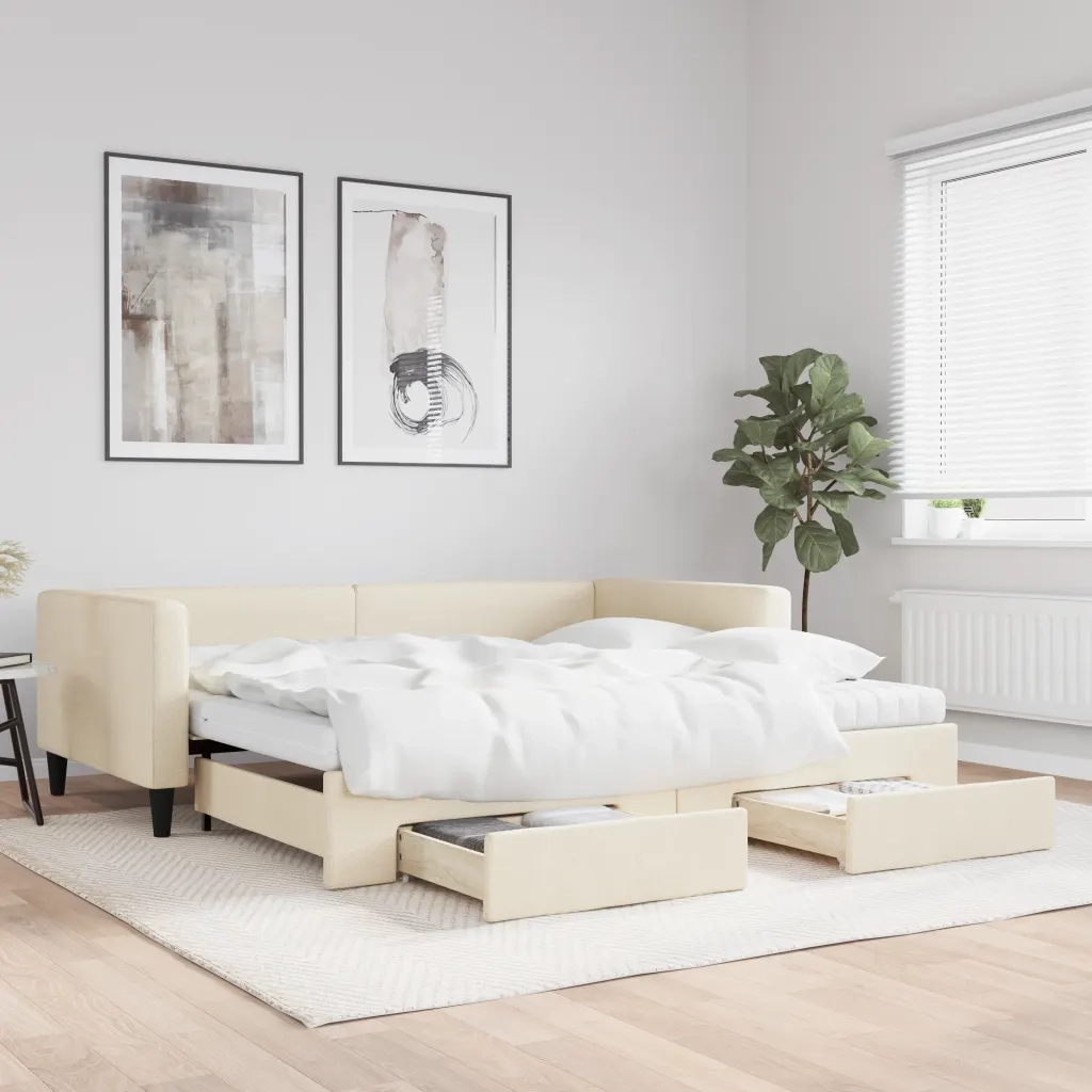Divano Letto Estraibile con Cassetti Crema 100x200cm in Tessuto