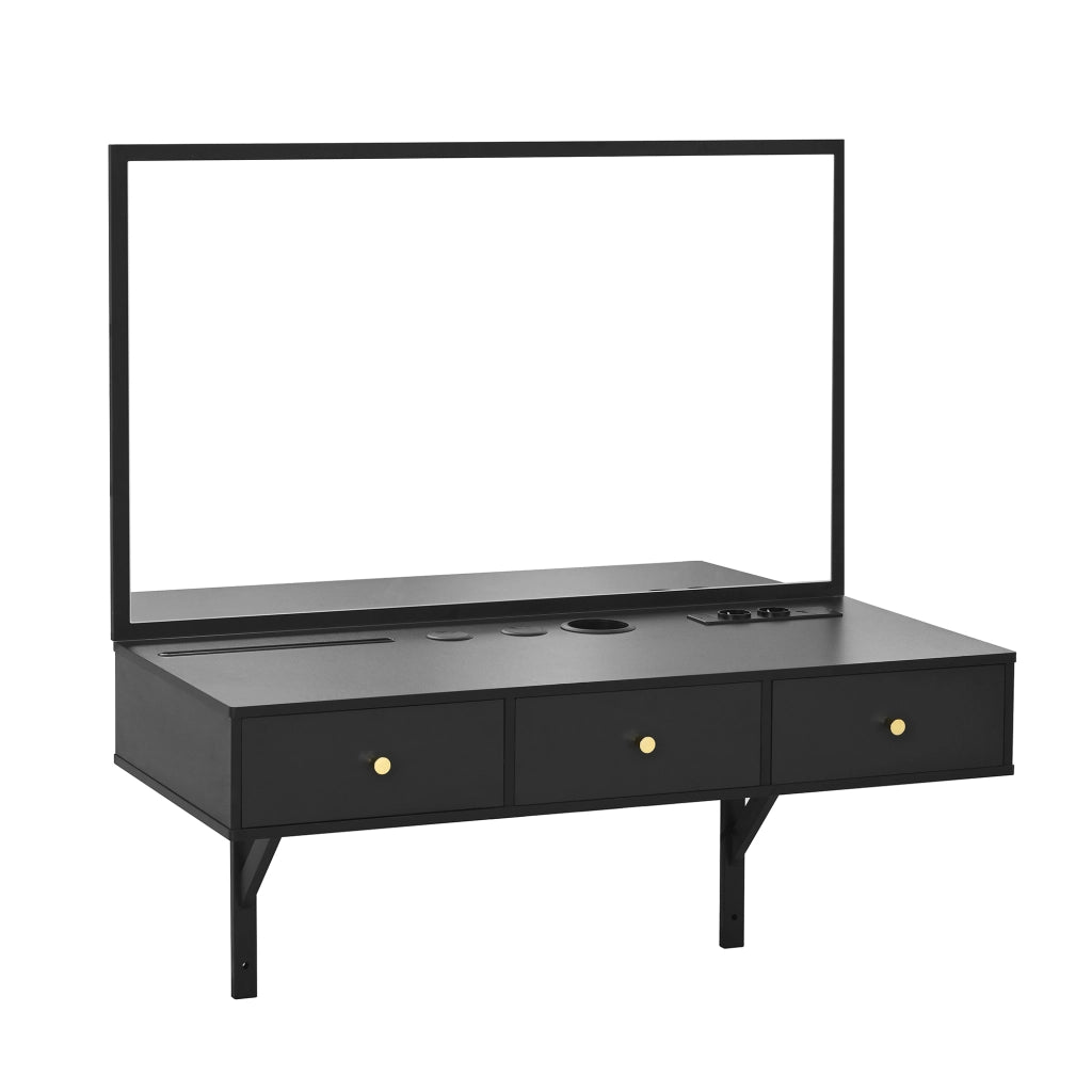Toeletta con 3 cassetti; specchio e prese per camera da letto - 100x45x105 cm - nero