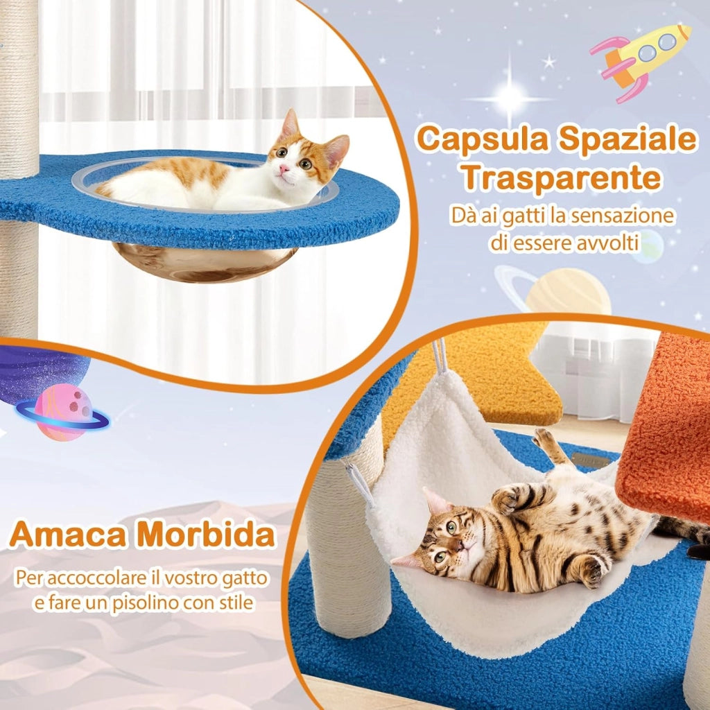 Tiragraffi per Gatti a Tema Spaziale, Albero per Gatti con Piattaforma a UFO e Pali in Sisal, Torre per Animali Domestici Interno (58 x 45 x 124cm)