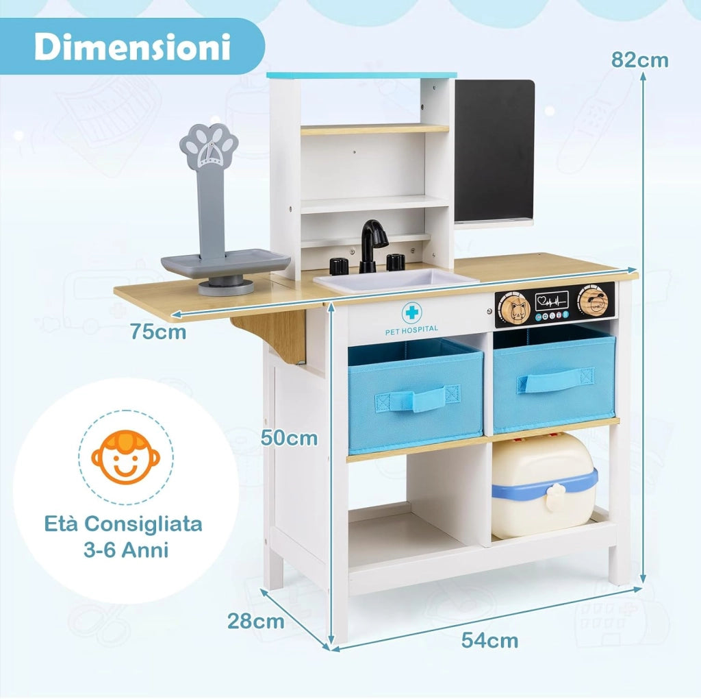 Kit Medico Giocattolo in Legno, Centro Veterinario Pieghevole con Bilancia Animali e 22 Accessori, Gioco Educativo Simulazione Dottore, Regalo per Bambini 3-6 Anni (Bianco)