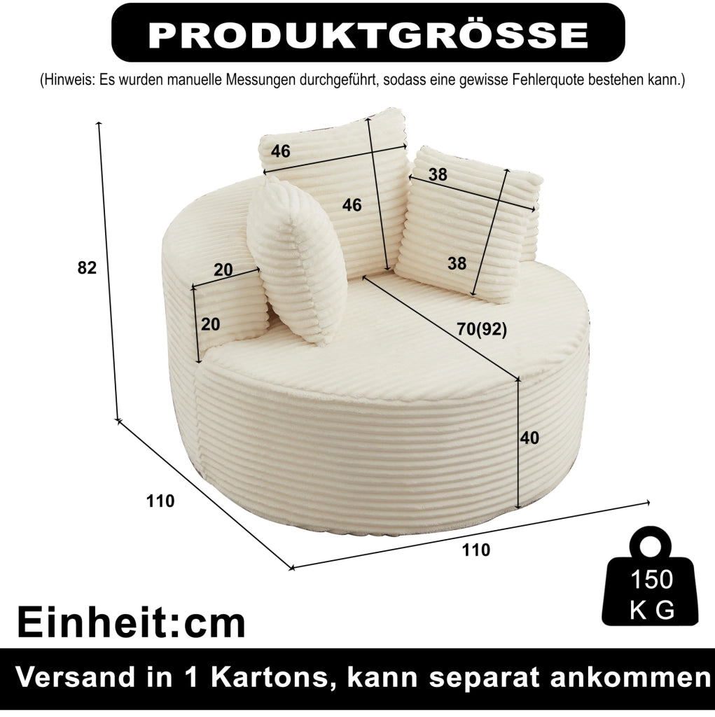 Poltrona lounge rotonda in velluto a coste beige con 3 cuscini HOMVRA