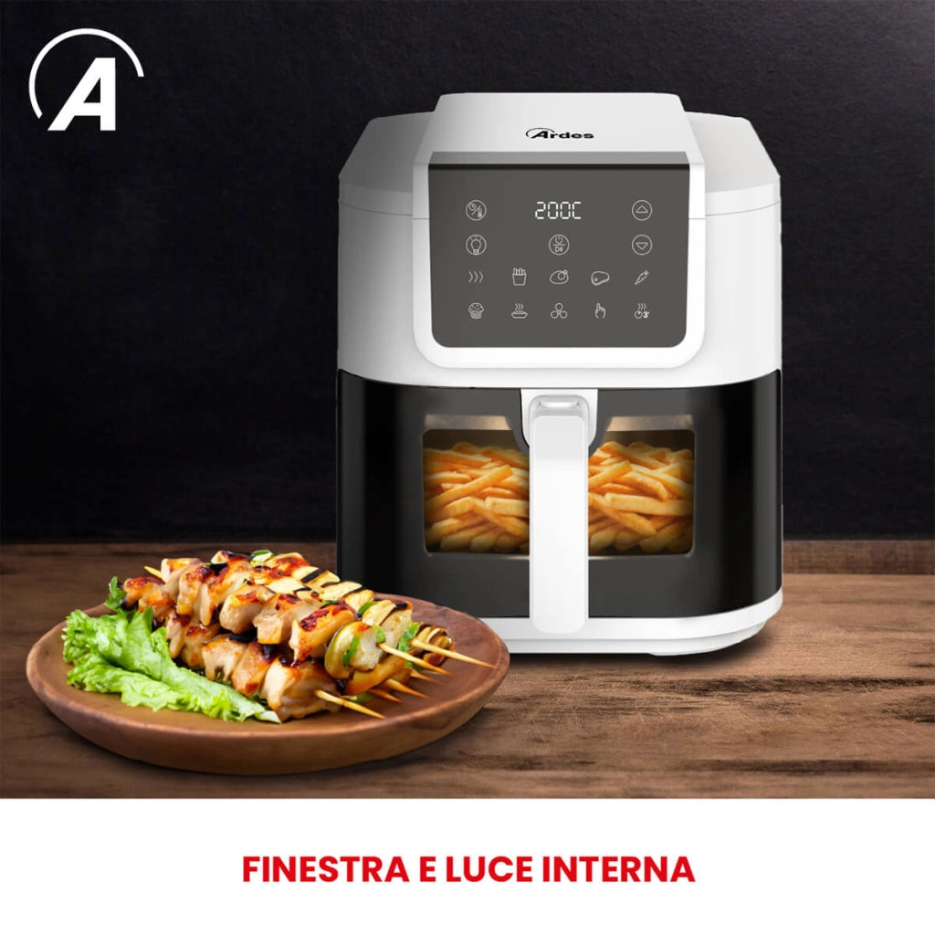 Friggitrice ad aria multifunzione Infinity capacità 8 litri display digitale 10 programmi finestra con luce interna potenza 1700 watt bianco Ardes