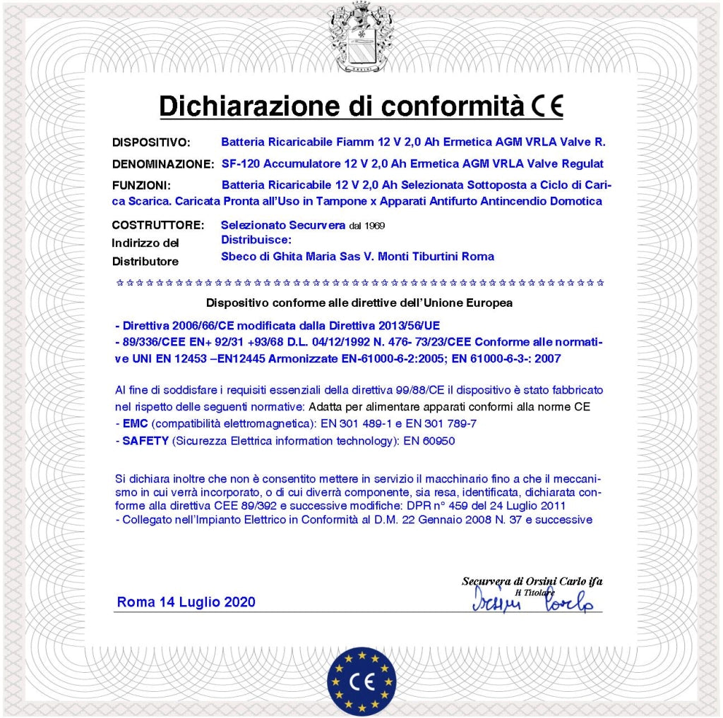Batteria per Sirena 12 V 2 Ah 2 Pezzi Collegamento Tramite 2 Faston 5 mm Polarizzati Ermetica AGM VRLA Valve Regulated Selezionata da Securvera Caricata Marca Fiamm PRC Dimensioni L178XP34XH60 mm