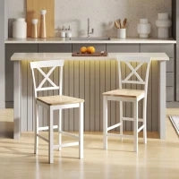 Set di 2 Sgabelli da Bar con Schienale e Poggiapiedi, Legno di Gomma, per Cucina, Sala da Pranzo, Bar, Rovere+Bianco