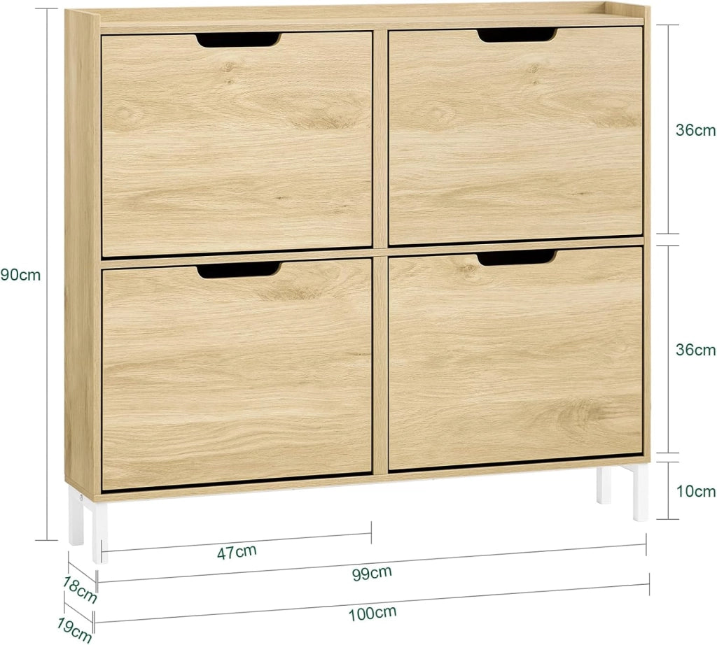 Scarpiera Salvaspazio Slim da Ingresso – Mobile Portascarpe con 4 Ante a Ribalta Regolabili in Legno – Armadio Scarpiera Alta e Stretta per Bagno o Corridoio, 100x19x91 cm，Naturale, FSR100-N