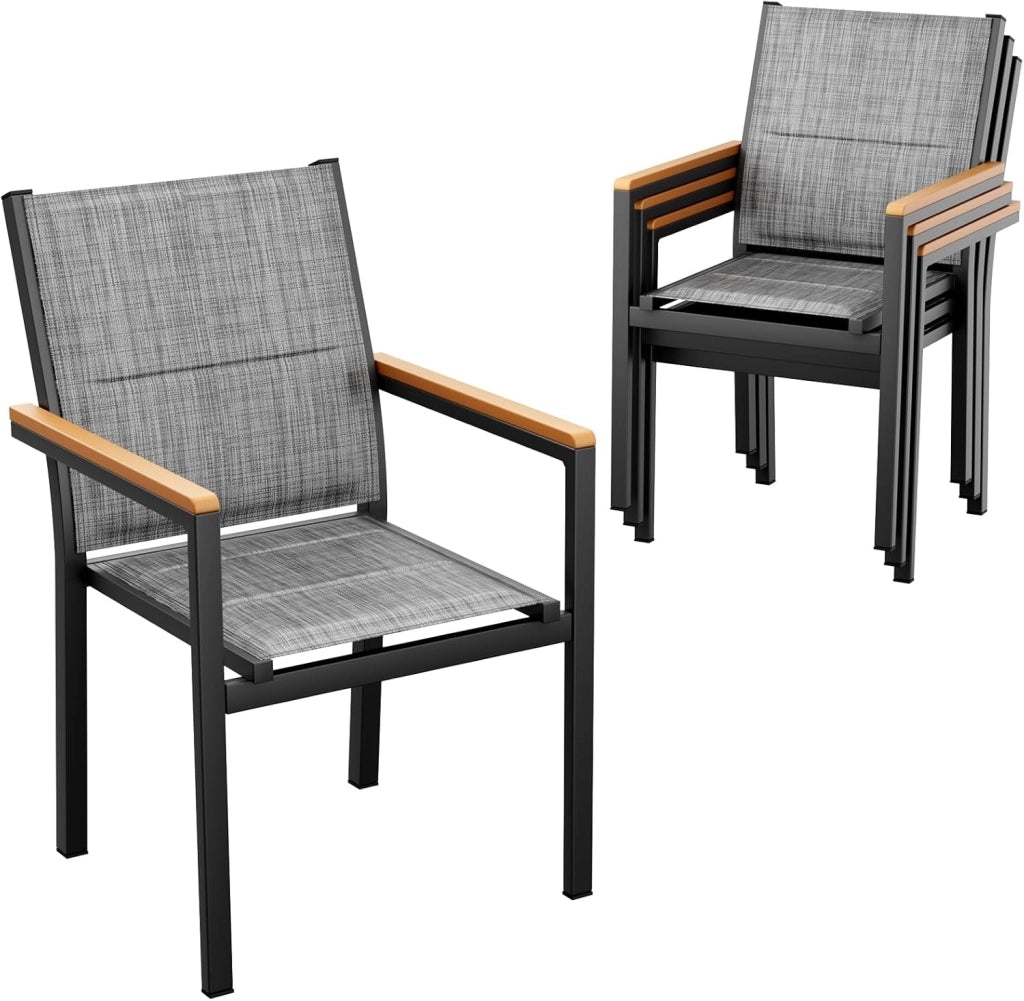 Set di 2 sedie da giardino in alluminio, con schienale e seduta trapuntati, impilabili, per sala da pranzo, in WPC, per terrazza, balcone, terrazza, piscina, ristoranti, colore nero, 2 pezzi