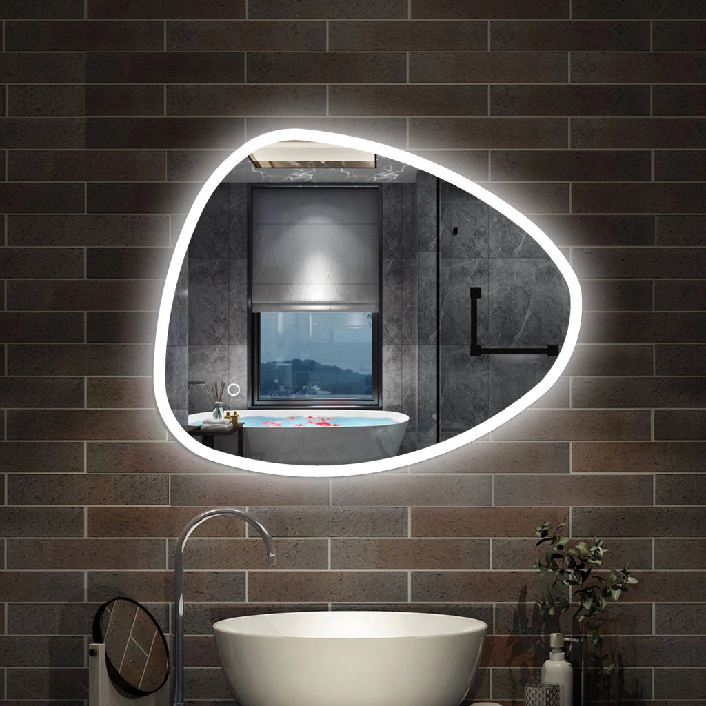 specchio forma irregolare 80x65 cm retroilluminato con luce a 3 colori, touch e pellicola antideflagrante