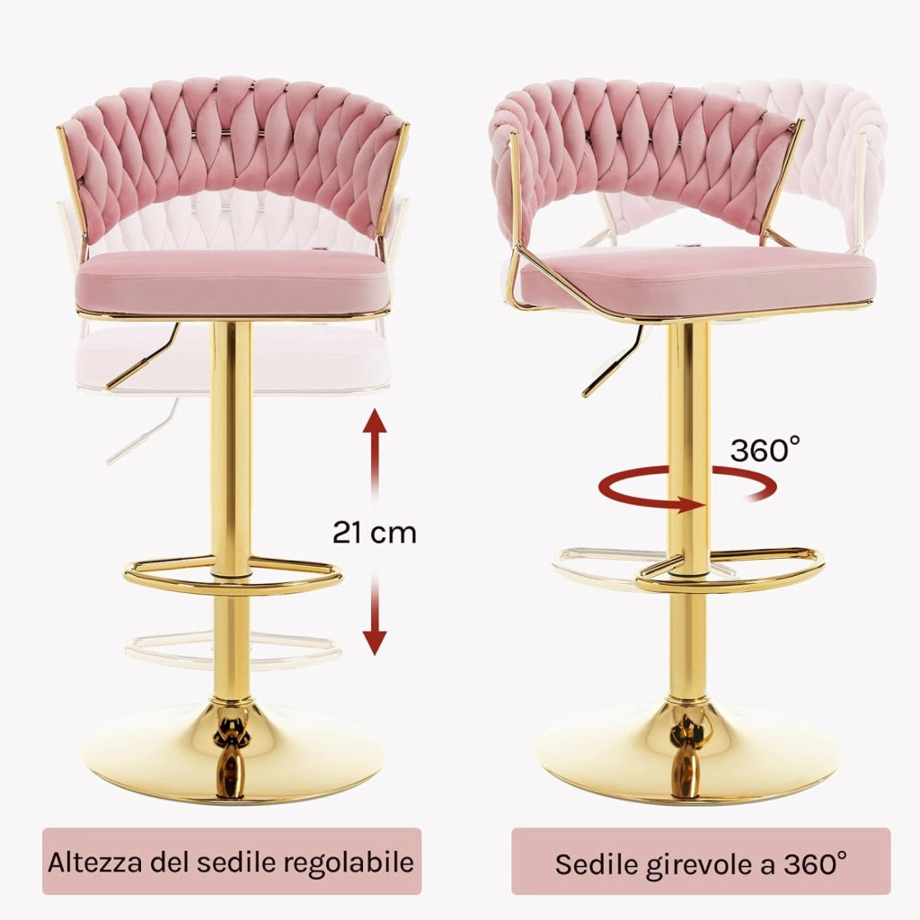 Sgabello da Cucina, Sgabello da Bar Girevole Altezza Regolabile con Schienale e Poggiapiedi, Velluto, Rosa