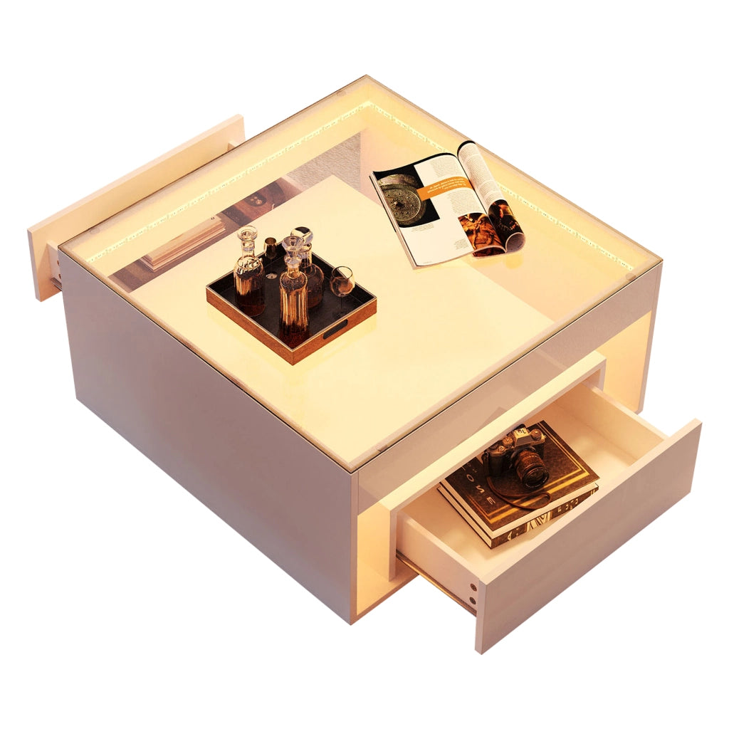 TAVOLINO DA CAFFÈ 70x70x35 cm Bianco in MDF e vetro temperato con LED