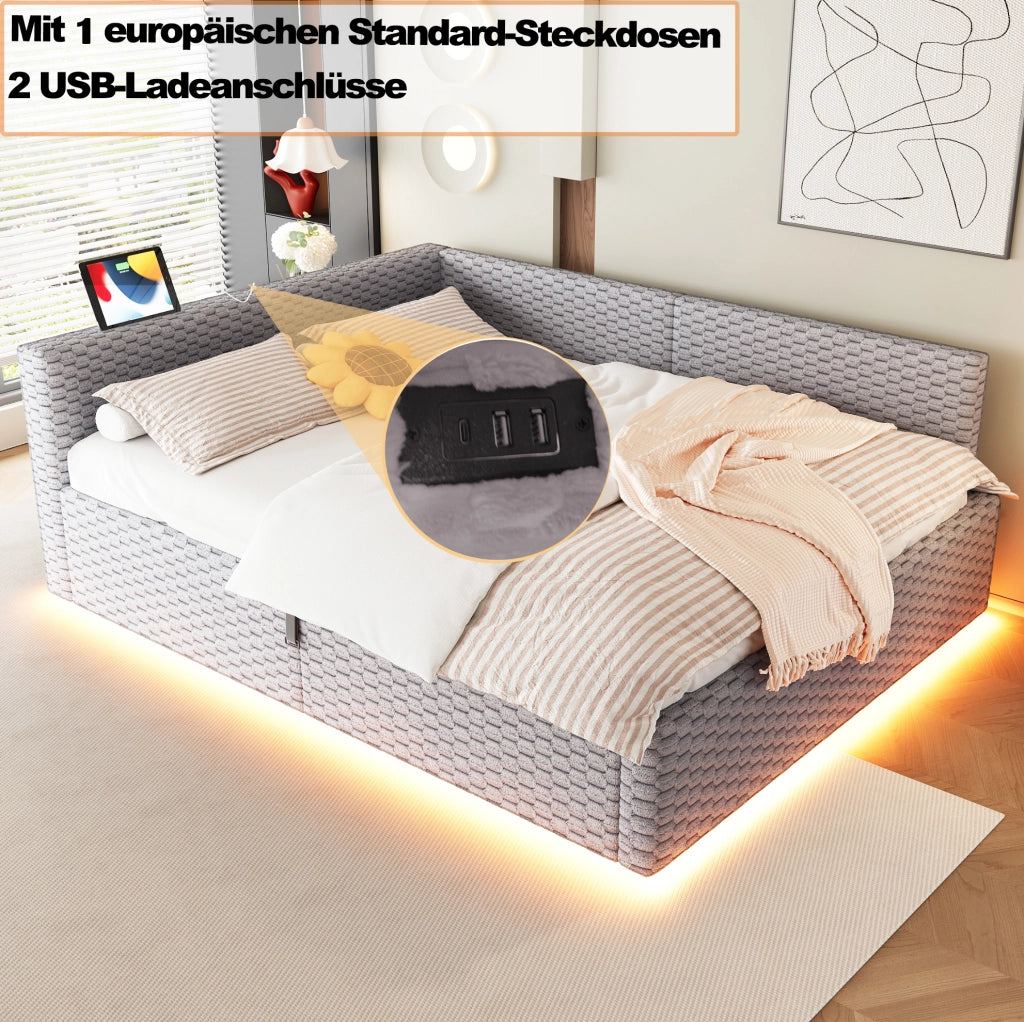 Letto imbottito multifunzione 140x200 cm in velluto grigio con LED; USB e contenitore