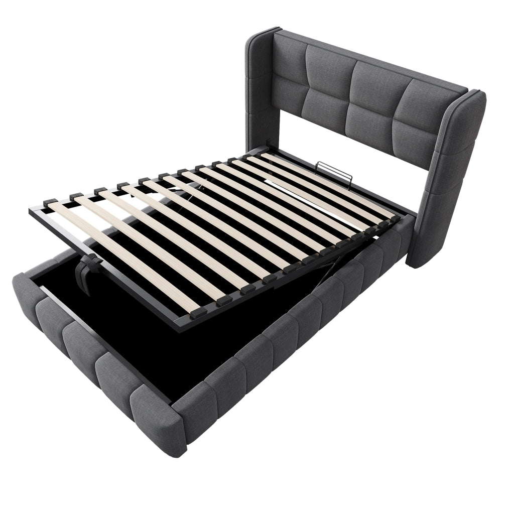Letto contenitore 90 × 200 cm imbottito con testiera a orecchie e sollevamento pneumatico in lino grigio
