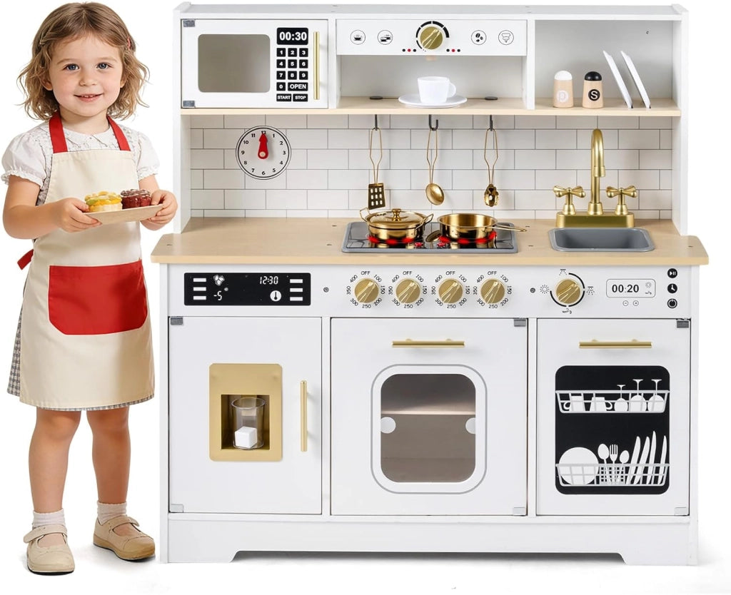 Cucina Giocattolo per Bambini, Set Cucina in Legno con Luci e Suoni Realistici, Fornelli, Lavandino, Rubinetto, Forno, Microonde e Macchina del Caffè, per Bambini 3+ Anni (Bianco)