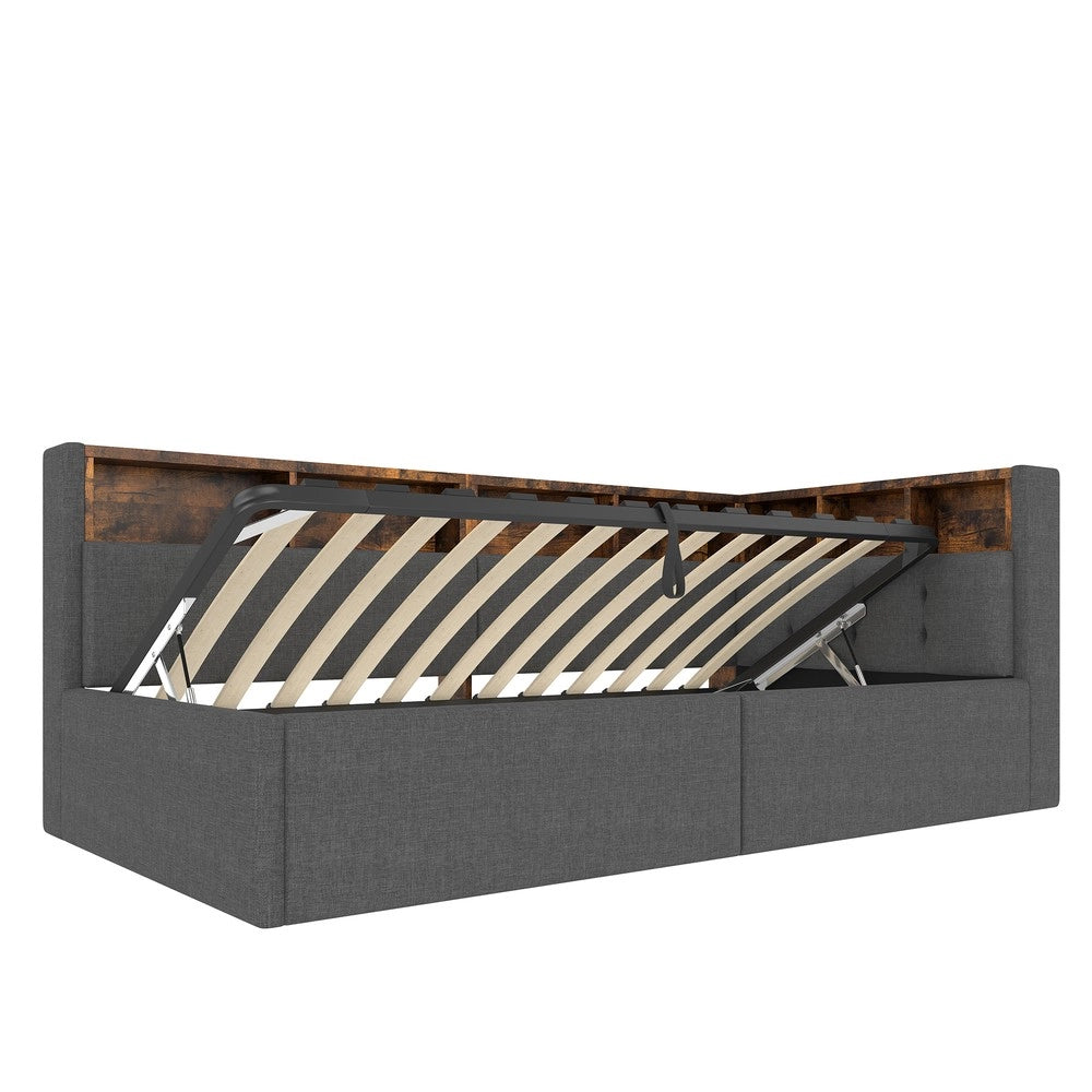 Letto Singolo Contenitore con LED ¨C MINIMAL ¨C Tessuto Grigio 90x200 Idraulico