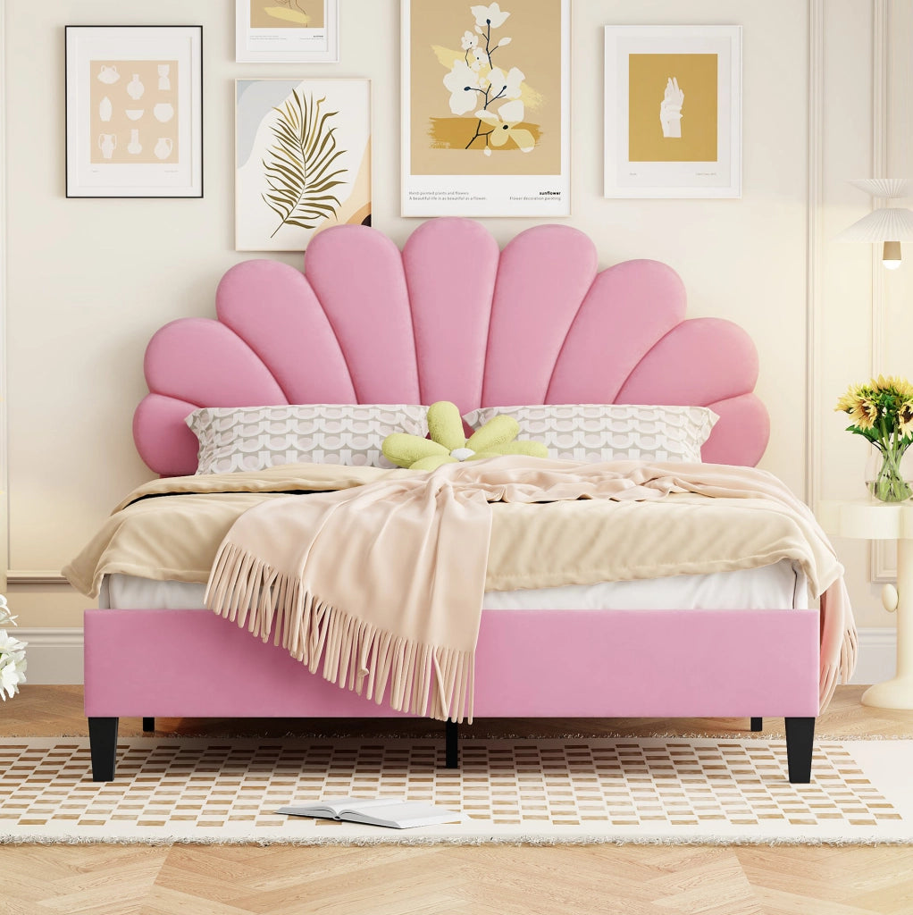 Letto matrimoniale imbottito 140x200 cm; testiera floreale; velluto rosa (Senza materasso)