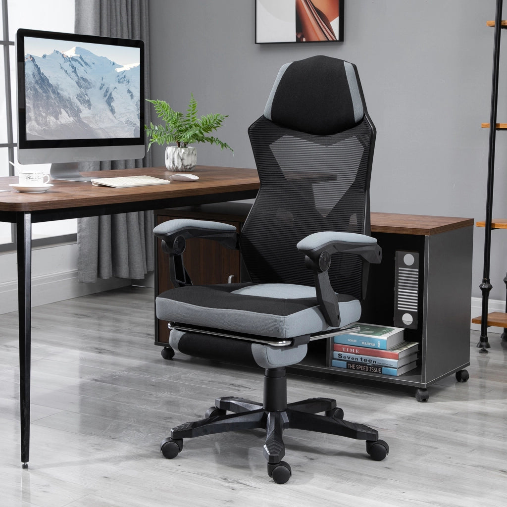 Sedia da ufficio gaming ¨C Minimal ¨C regolabile in altezza, schienale in rete, ruote girevoli, poggiapiedi, grigio nero