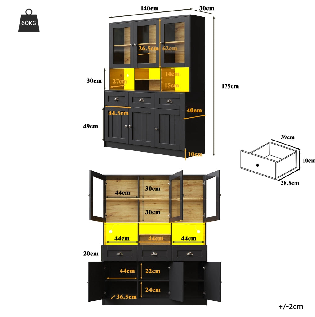 Credenza alta 140x40x175 cm con illuminazione LED controllabile da app in MDF nero