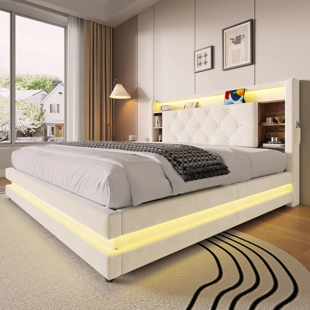 LETTO contenitore 140x200 cm in velluto beige con testiera multifunzione