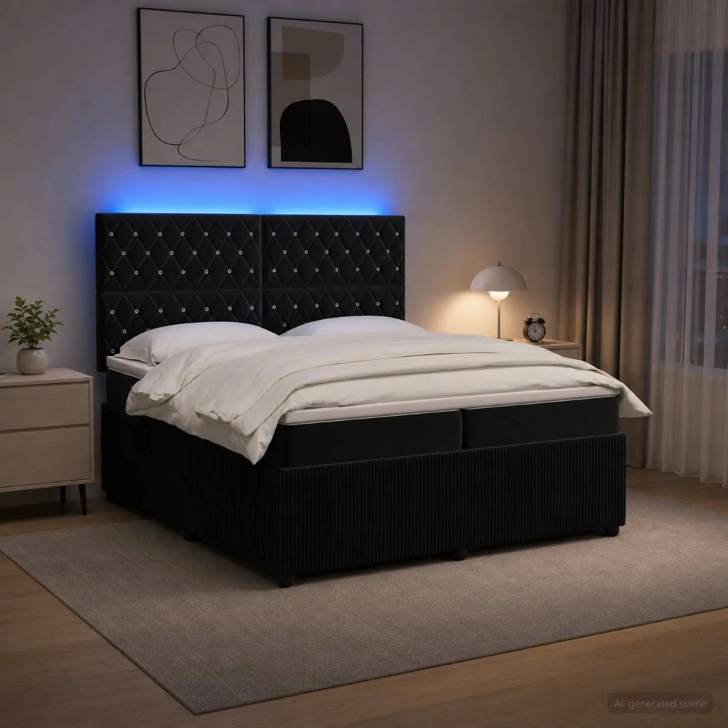 Letto Box Spring LED con Materasso Nero 200 x 200 cm Velluto 3456133