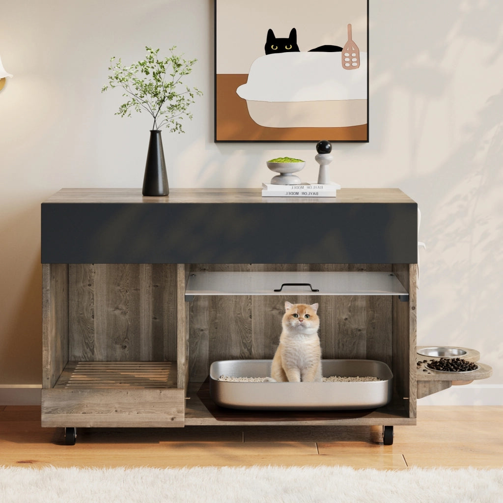 Mobiletto per Lettiera Gatto con Ciotole ¨C MINIMAL ¨C Legno, Rovere/Antracite, 100x45.5x67