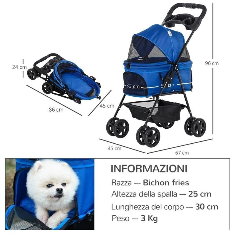 PASSEGGINO PER CANI PIEGHEVOLE CON GUINZAGLIO DI SICUREZZA E CESTINO PORTAOGGETTI, BLU