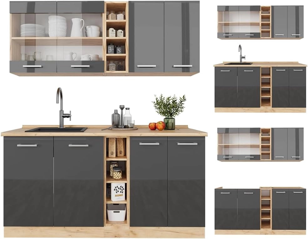 Cucina completa R-Line, Antracite lucido/oro power oak, 160 cm, PL Rovere, adatto per combinazioni ed espansioni personalizzate