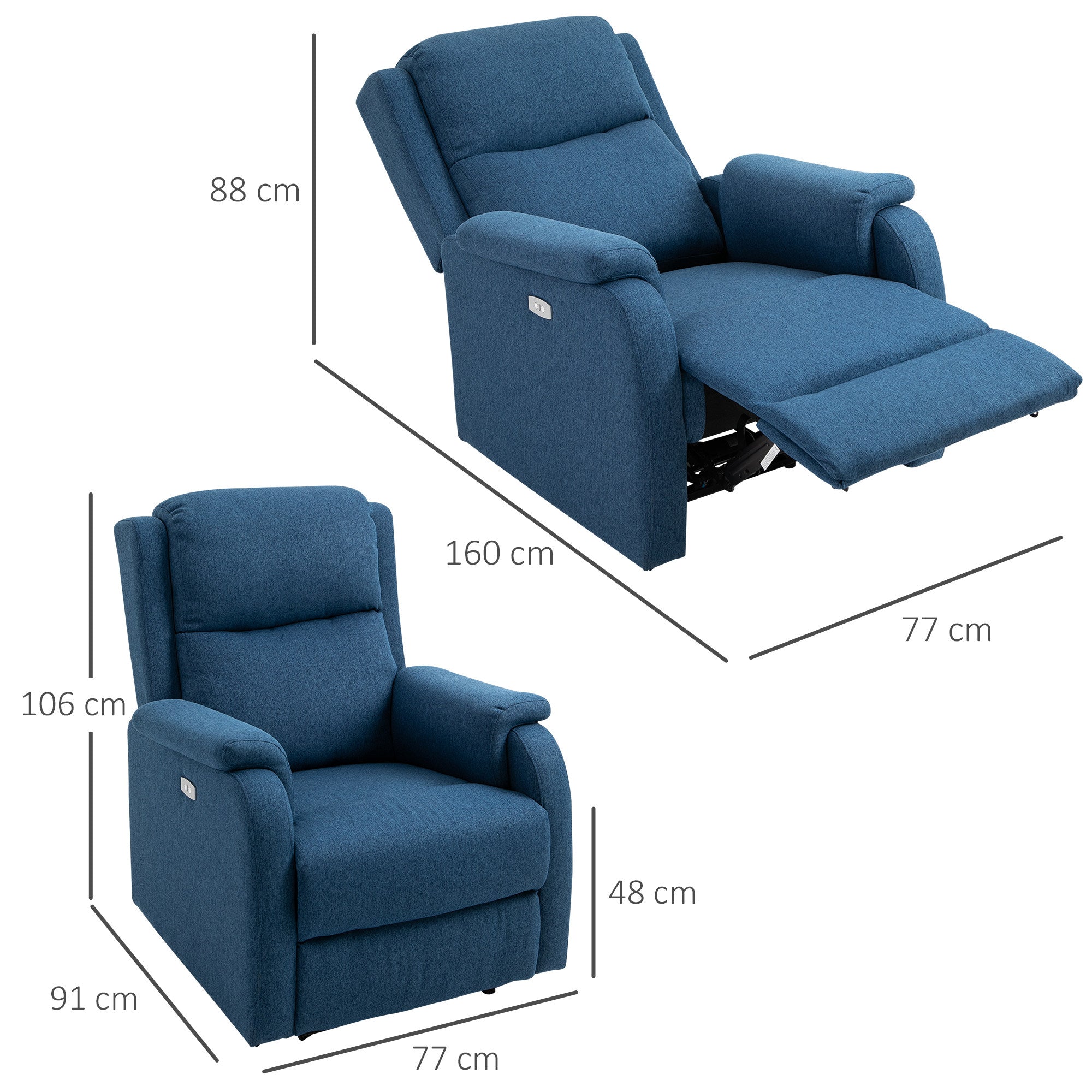 Poltrona Relax Reclinabile Elettrica 77x91x106 cm in Tessuto  Blu