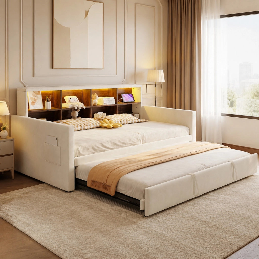 Letto imbottito 90x190 cm con testiera portaoggetti, LED, prese e letto estraibile, velluto beige