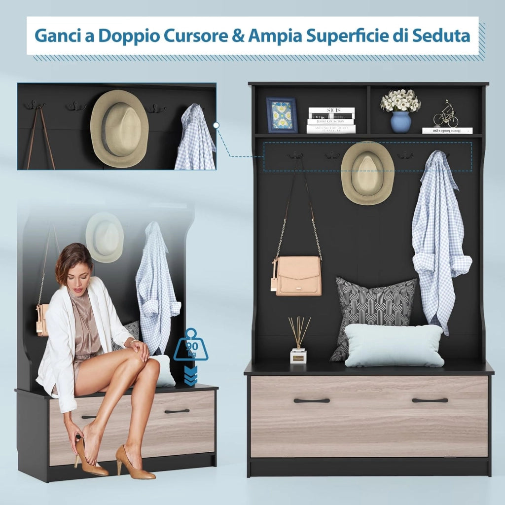 Armadio con Appendiabiti Multifunzionale, con Panca 5 Ganci Doppi, Organizzatore di Casa Indipendente per Ingresso Camera da Letto, 100x39x160 cm (Nero)